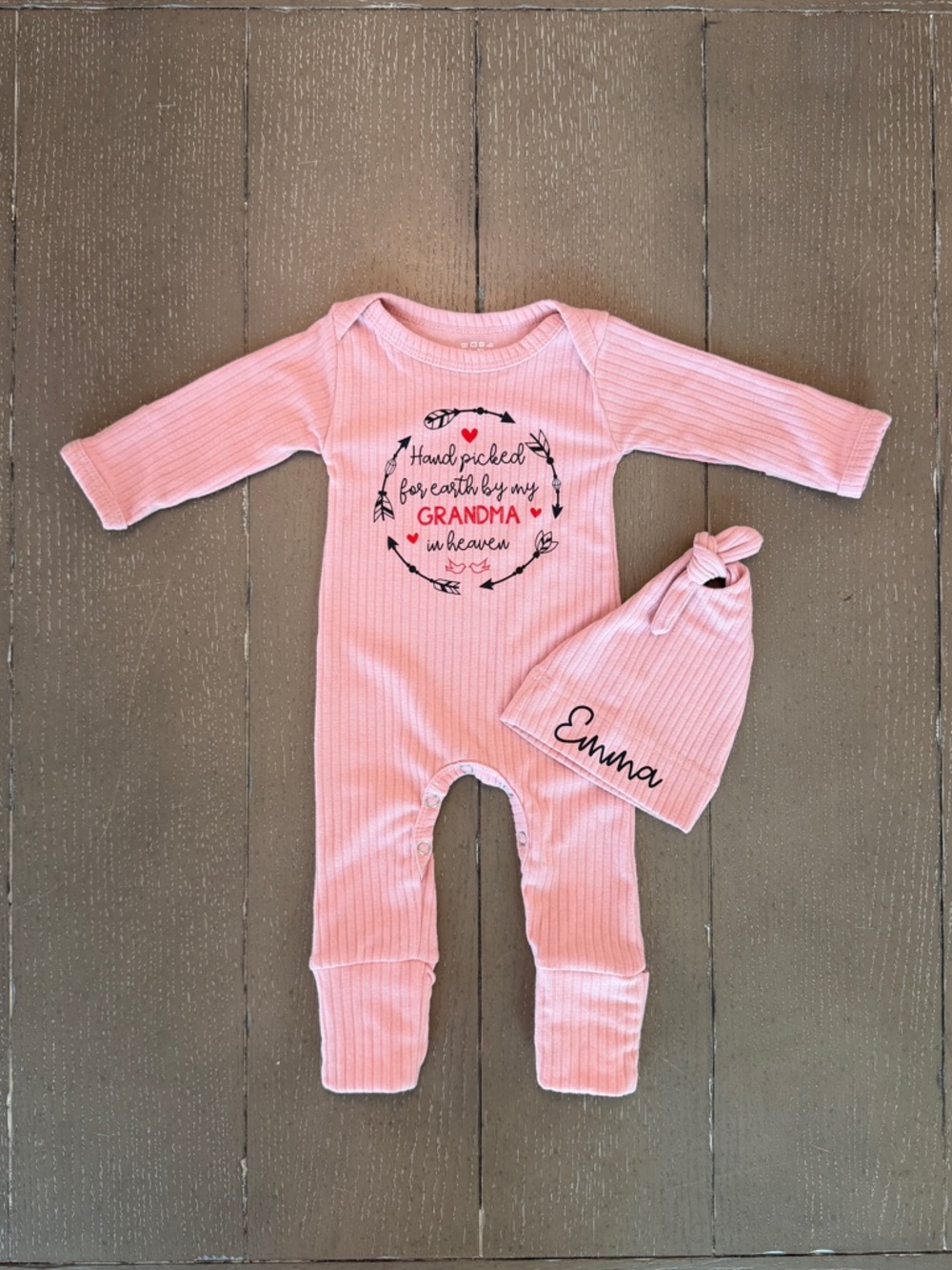 Baby Girl (NB) 2-Piece Matching Onesie Set • “Emma Monogram” & Grandma In Heaven